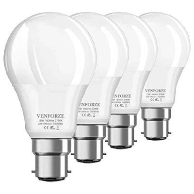 Image of Venforze Bayonet Light Bulbs 150w Equivalent, 15W A60 B22 Led Bulbs, Super Bright 1600LM, Warm White 2700K, BC Energy Saving Non dimmable, 4 Pack