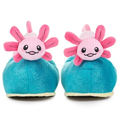Image of corimori Super Quality Plush Slippers Size 8 10, Beeps the Axolotl Pink Blue, 34/44 EU