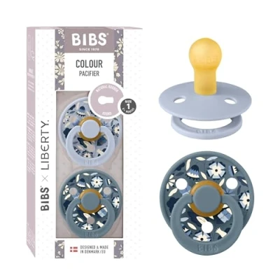 Image of BIBS Liberty Pacifier 2 Colour Natural Rubber Latex Soothers Size 1 (0 6 Months) BPA Free Dummy Round Nipple Designed &amp; Made in Denmark Bobo Dusty Blue Mix