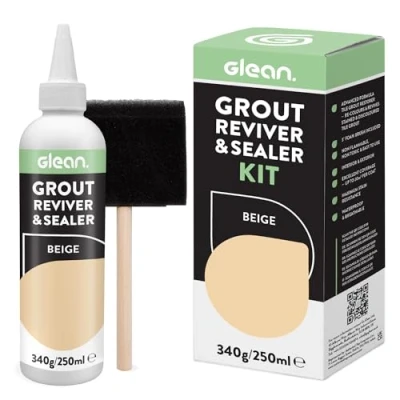 Image of GLEAN Grout Reviver &amp; Sealer BEIGE 340g Restore, Repair, Renew Tile Includes Foam Brush Stain Resistant, Breathable Bathroom, Shower Kitchen