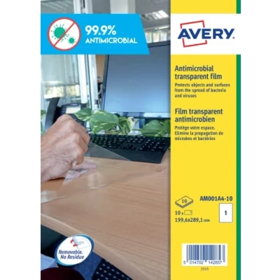 Image of Avery Antimicrobial Film Clear Film, 1 Label per A4 Sheet, 10 Sheets Pack (AM001A4 10)