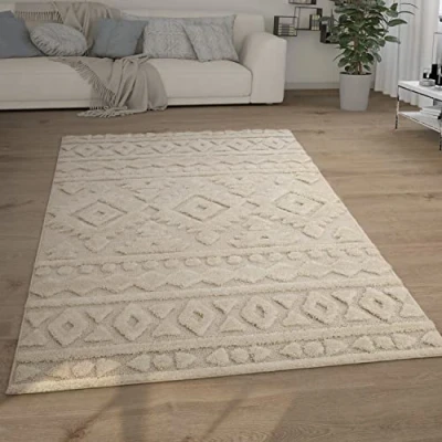 Image of Paco Home Shaggy Large Rug High Pile 3D Look Ethnic Boho Vintage Soft, Size:120x160 cm, Colour:Cream 8