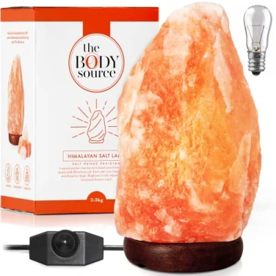 Image of The Body Source Himalayan Salt Lamp (5 7kg) with Dimmer Switch All Natural and Handcrafted Wooden Base…
