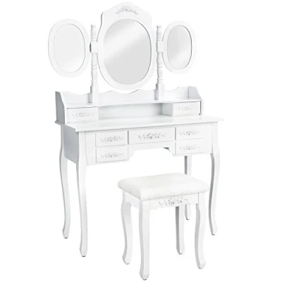 Image of TecTake Dressing table make up desk with stool and 3 mirrors 7 drawers white