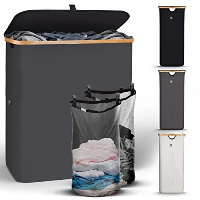 Image of HENNEZ 141L Laundry Basket 2 Compartments Grey With Lid Double Washing for Hamper Bin Dirty Clothes Large Wash