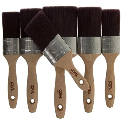 Image of Coral 31749 Aspire 6 Piece Paint Brush Set Professional Firm Straight Cut Oval Profile for Fast Accurate Ultra Smooth Finish with Trade Emulsion Gloss FSC Wood 2X 1.5&quot;, 2&quot;, 3&quot;, 2&quot; Angled Stubby