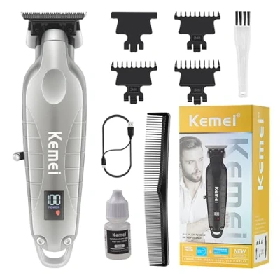 Image of KEMEI 2293 Professional Hair/Beard Trimmer for Men Zero Gapped Hair Clippers Barber with T Blade, Cordless Rechargeable, Silvery