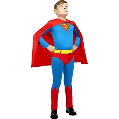 Image of Funidelia Classic Superman Costume for boy Superheroes, DC Comics, Justice League kids, accessory fancy dress &amp; props Halloween, carnival parties Size 5 6 years Blue