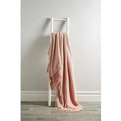 Image of Olivia Rocco Lisbon Throw 100% Cotton Plain Honeycomb Sofa Bed Chair Cover Throws Tasselled Decorative Blanket, 178 x 254 cm (70&quot; 100&quot;) Blush