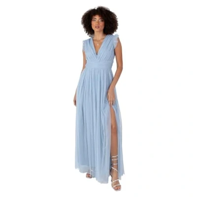 Image of Anaya with Love Women&#039;s Maxi Dress Ladies V Neck Short Sleeve Split Tulle A line for Wedding Guest Bridesmaid Evening Occasion Ball Gown, Soft Blue, 10