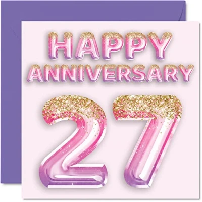 Image of Pretty 27th Anniversary Card for Wife Girlfriend Husband Boyfriend Pink Purple Glitter Balloon Happy 27 Cards from Family, 145mm x Greeting Twenty Seventh Anniversaries