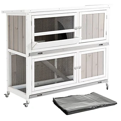 Image of PawHut Two Tier Wooden Rabbit Hutch W/Wheels, Trough, Rain Cover, Tray Grey
