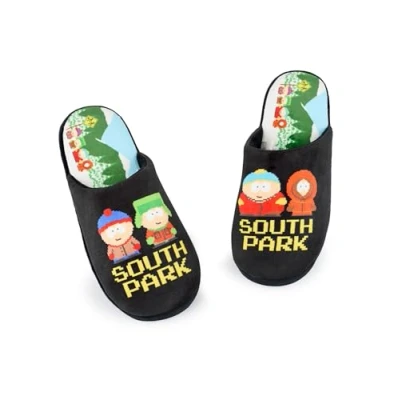 Image of South Park Mens Slippers Adults Slip On Mules in Black with Cartman, Kenny, Stan &amp; Kyle Pixel Text Print All Over Footbed House Shoes Comedy Cartoon Indoor Bedroom Loungewear Gift