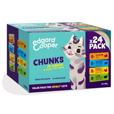 Image of Edgard Cooper Wet Cat Food Chunks, Multipack, (Chicken/Salmon/Turkey/Lamb, 8 x 85g), for nuetered or active cats, fresh meat with natural ingredients.