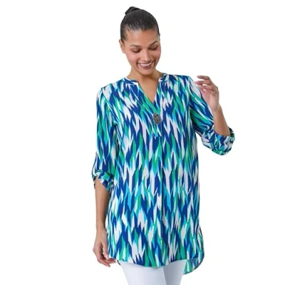 Image of Roman Womens Abstract Longline Button Detail Tunic Top Blue Size 14 UK