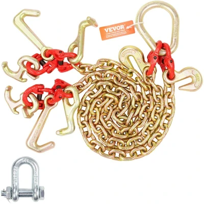 Image of VEVOR G80 V Bridle Chain, 5/16&quot; x 3&#039; Towing Chain with R Hooks, T J Hooks and Grab Transport Tow 10800 lbs Safe Working Load for Flatbed Truck Wrecker Recovery