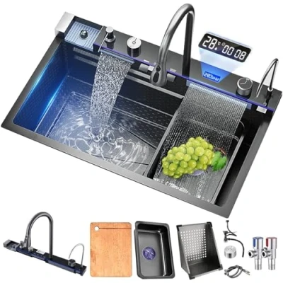 Image of Black Nano Kitchen Sink 304 Stainless Steel Waterfall Single Bowl Workstation with Multifunctional Digital Display Fly Rain Pull Out Faucet (Color : Black, Size 68x45x22CM)