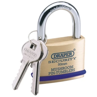 Image of Draper Solid Brass Padlock &amp; 2 Keys with Mushroom Pin Tumblers Hardened Steel Shackle Bumper, 50mm