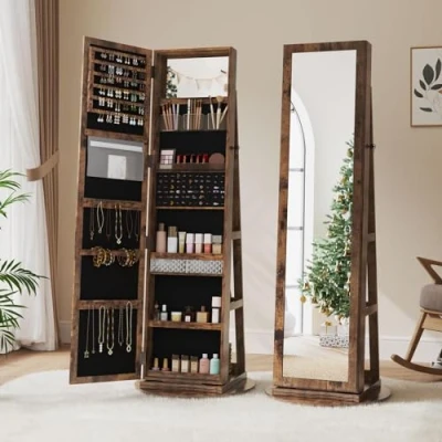 Image of Dripex Rustic Brown Jewelry Organiser Mirror Cabinet, 360 Swivel Storage, Lockable, 3 in 1 Free Standing with Storage Shelves