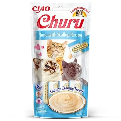 Image of Ciao Churu Sticks by INABA Cat Treat Tuna &amp; Scallop Flavour (4 x 14g) / Soft Creamy Treat, Delicious Healthy Snack, Squeezable Purée Food Topper, Pill Assist, Natural, Grain Free