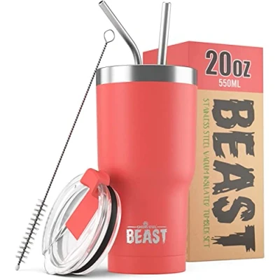 Image of Beast Tumbler 550 ml (20 oz), Coral Pink Reusable Stainless Steel, Vacuum Insulated Cup with + 2 Straws &amp; Cleaning Brush Double Wall Travel Flask Perfect for Hot or Iced Coffee