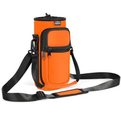Image of Nuovoware Water Bottle Carrier Bag, 750ml Pouch Holder, Adjustable Shoulder Hand Strap 2 Pocket Sling Neoprene Sleeve Sports Accessories for Hiking Travelling, Orange