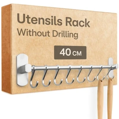 Image of Praknu Kitchen Utensil Rack with 8 Hooks Wall Mounted, Self Adhesive No Drilling 𝗥𝘂𝘀𝘁𝗽𝗿𝗼𝗼𝗳 &amp; 𝗗𝘂𝗿𝗮𝗯𝗹𝗲 40cm Hanging Rail