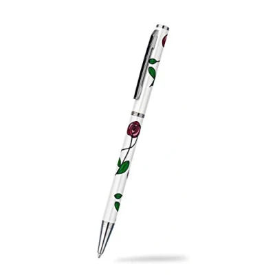 Image of Womans Slimline Ballpoint Pen With Mackintosh Rose Pattern In Pearlised White