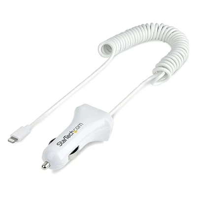 Image of StarTech.com Lightning Car Charger with Coiled Cable, 1m 12W, White, 2 Port USB Adapter for Phones and Tablets, Dual In iPhone (USBLT2PCARW2)