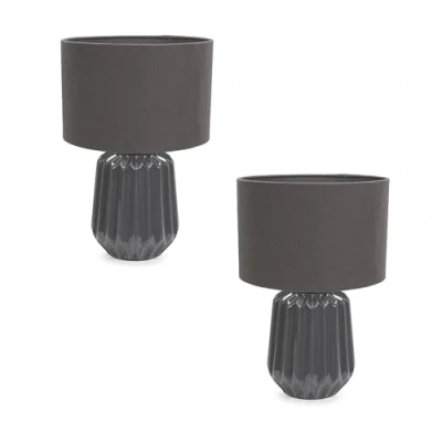 Image of Pair of Charcoal Grey Textured Ceramic Bedside Table Lamp with Fabric Drum Shade Living Room Bedroom Light