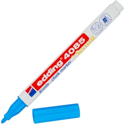 Image of edding 4085 chalk marker blue 1 pen round tip 2 mm fine tipped wet wipe for chalkboards, windows, glass, mirrors liquid pens opaque coverage