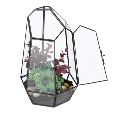 Image of Terrarium, Glass &amp; Copper, Geometric, 26x18x15 cm, Succulents Air Plants, Mini Greenhouse, Decor, Black Relaxdays