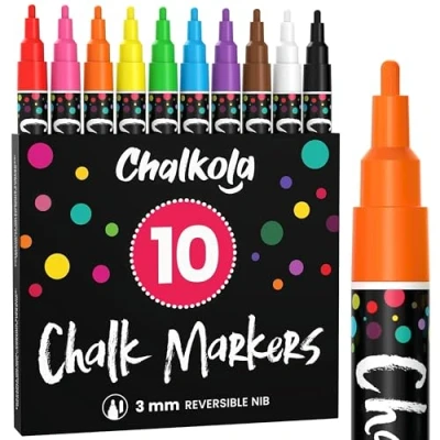 Image of Fine Tip Chalk Pens Pack of 10 colour markers Use on Chalkboard, Whiteboard, Window, Blackboard 3mm Reversible nib