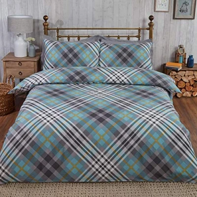 Image of Rapport TARTAN Brushed Cotton Single Duvet Cover Set Duck Egg, SING DEGG