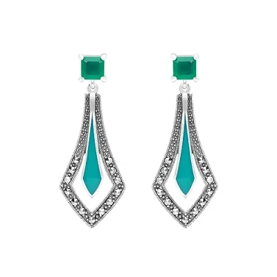 Image of Esse Marcasite Sterling Silver Art Deco Green Chalcedony &amp; Open Fan Drop Earrings