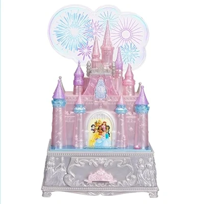 Image of Jakks Pacific Disney Princess 100th Celebration Castle Jewellery Box Keepsake with Enchanting Fireworks Lights and Sounds Accessory Ring Included.
