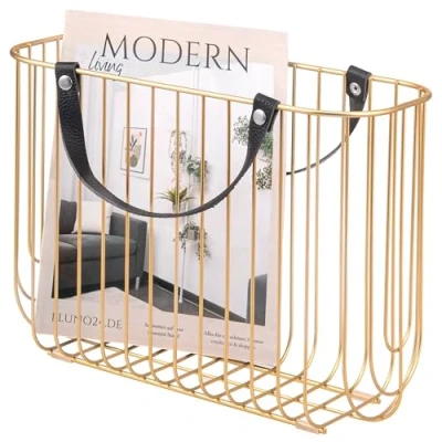 Image of eluno Newspaper Rack Metal with Leather Handles, Approx. 36 x 26.5 15.5 (W H D) (gold)