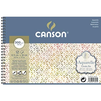 Image of CANSON Aquarelle Watercolour Cold Pressed 300gsm Paper, Spiral Pad Short Side, 12.5x18cm Natural White 12 Sheets, Ideal for Professional Artists