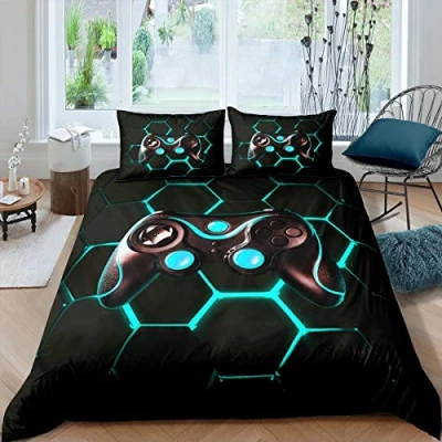 Image of Gamer Bedding Set Boys Teens Video Game Gaming Duvet Cover Geometric Honeycomb Hexagon Comforter Kids Anime Controller Bedclothes Room Decor 2Pcs Single Size,Black,Blue