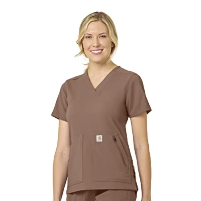 Image of Carhartt Women&#039;s Modern Fit 4 Pocket V Neck Scrub Top Medical Shirt, Nutmeg, S