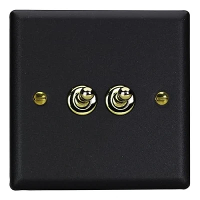 Image of Varilight Vogue Collection Matt Black 2 Gang 1 or Way 10 Amp Toggle Switch with Brass