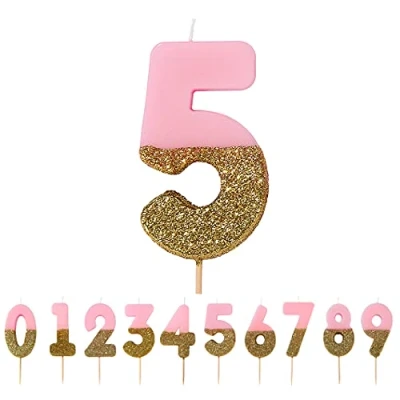 Image of Talking Tables Bday Pink Number 5 Five Candle with Gold Glitter Premium Quality Cake Topper Decoration Pretty, Sparkly for Kids, Adults, 50th Birthday Party, Anniversary, Milestone Age, Wax