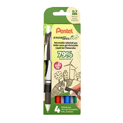 Image of Pentel BL77E 4 EnerGel Eco Retractable Gel Rollerball Pen, Made with 79% Recycled Materials, Set of Black/Red/Blue/Green