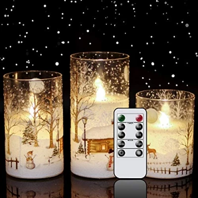 Image of Eldnacele Glass Flickering Flameless Snowman Candles with Remote Timer Battery Operated Real Wax Led Pillar 3 Pack for Home Chriatmas Decoration