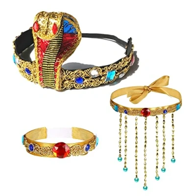 Image of MIVAIUN 3 Pieces Halloween Egyptian Headpiece Costume Accessories, Cobra Snake Beaded, Beaded Tassel Necklace, Costumes Vintage Party Decoration (3 pcs)