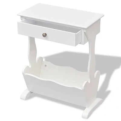 Image of vidaXL Melrose White Magazine Rack Coffee Table MDF/Fir Wood Side Table/Nightstand with Large Drawer and Newspaper Holder for Living Room, Office