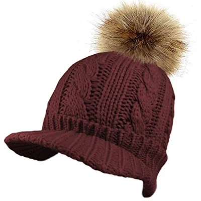 Image of TOSKATOK Ladies Womens Cable Knit Peaked Beanie Cap Hat with Warm Fleece Lining and Detachable Faux FUT Pom Burgundy