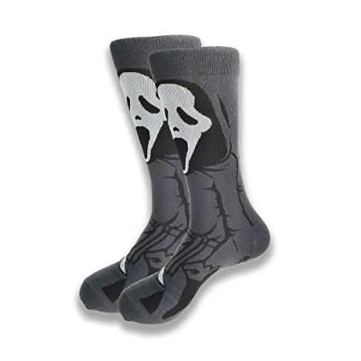 Image of EZB Ghostface Horror Film Halloween Movie Character Grey &amp; White Crew Socks Gift Idea for Men Women Size 5 10 Scream