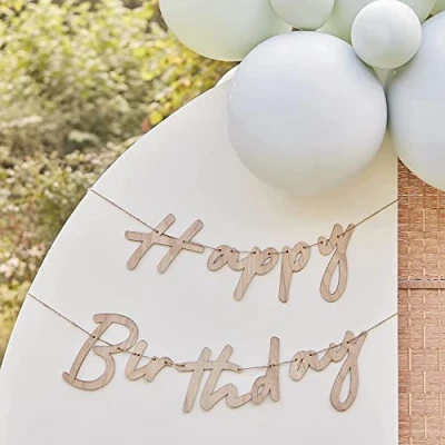 Image of Ginger Ray Eco Wooden Happy Birthday Bunting Banner Party Decoration,Brown,1.5m