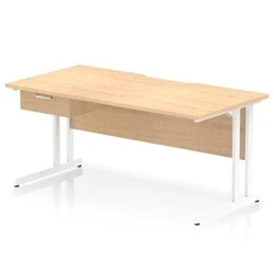 Image of Impulse 1600 x 800mm Scalloped Edge Straight Office Desk Maple Top White Cantilever Leg Workstation 1 Drawer Fixed Pedestal